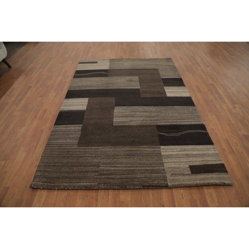 Hand Knotted Oriental 100% Wool Carpet Modern Geometric Brown Gabbeh Area Rug - 7' 9'' X 5' 5''