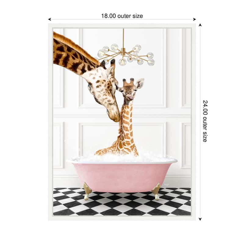 Kate and Laurel Sylvie Mother and Baby Giraffe in Pink Bathtub on Checker Floor Framed Canvas by Amy Peterson