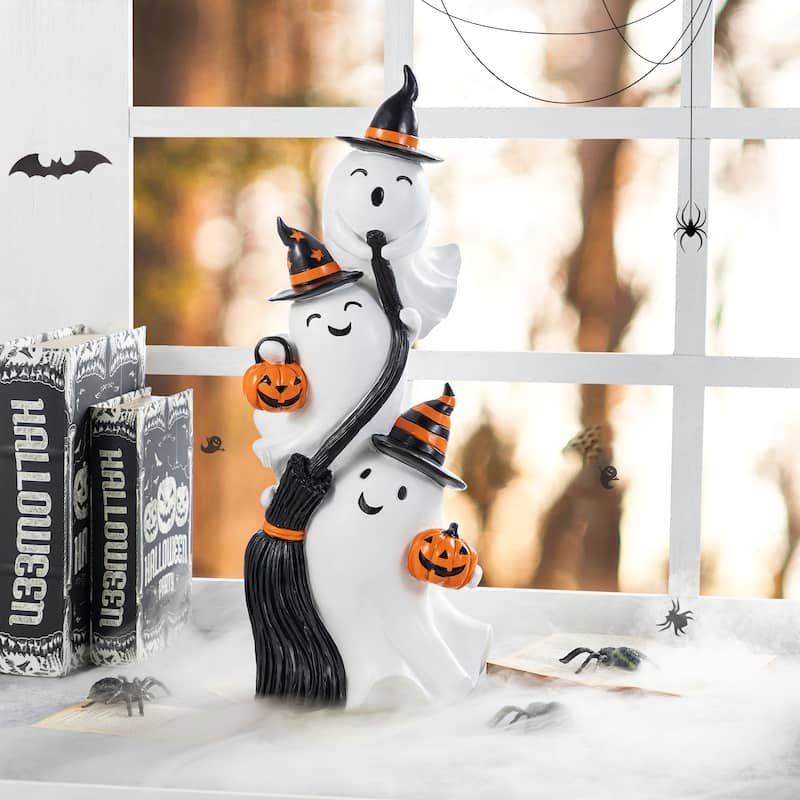 Glitzhome 21.75"H Halloween Resin Stacked Ghost Riding a Broom Figurine Porch Decor