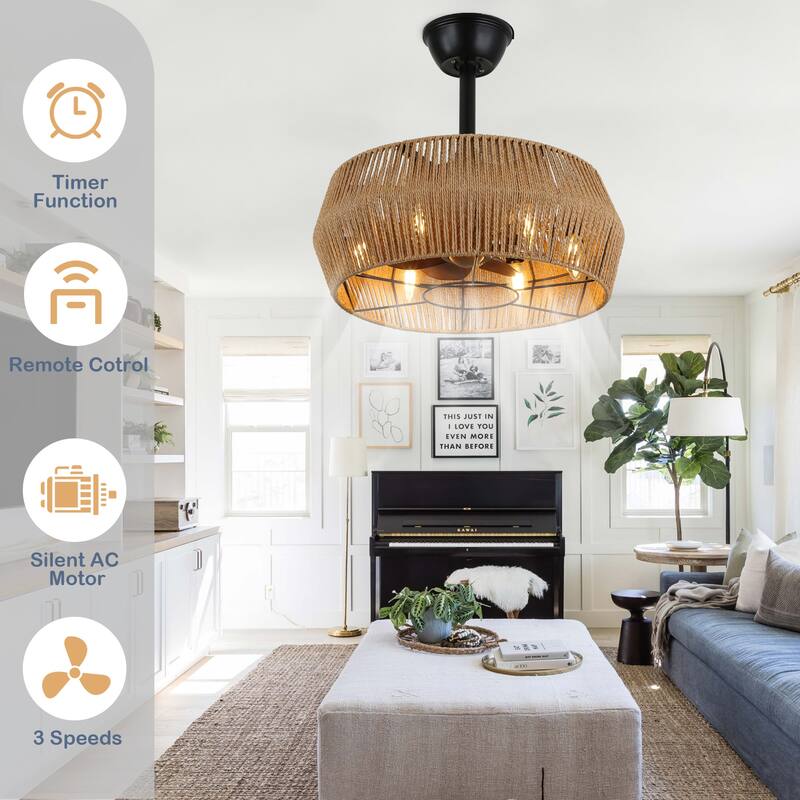 Cusp Barn 18-In Boho Caged Ceiling Fan with Remote Control, Retro 6-Light Ceiling Light, 3-Speed Rattan Fandelier for Bedroom