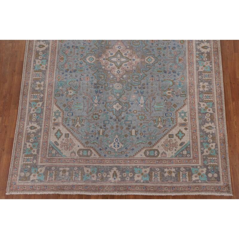 Geometric Blue Tabriz Persian Antique Area Rug Handmade Wool Carpet - 8'0" x 10'10"
