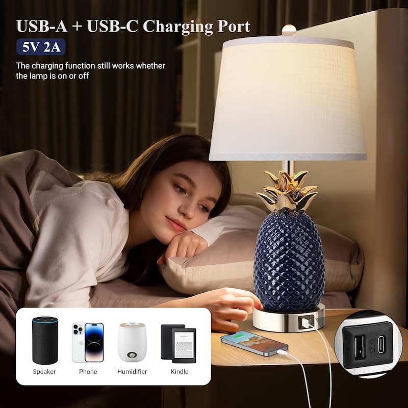 22" Pineapple Table Lamps Set of 2, 3 way Dimmable Ceramic Table Lamp, Modern Table Lamp with USB Port,Bulbs Included, 9W