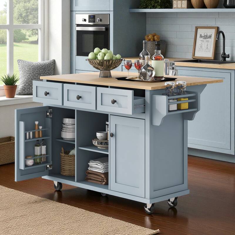 53" Kitchen Island Cart with Rubber Wood Drop Leaf, Rolling Storage Cabinet with Drawers, Spice & Towel Rack - Blue