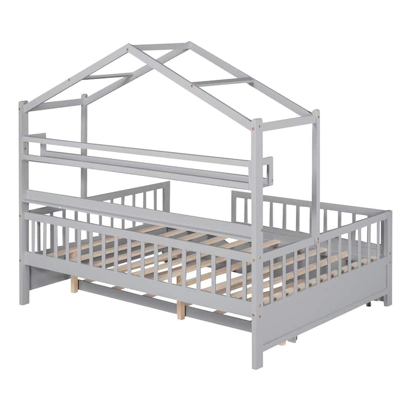 Full/Twin House Bed with Twin Trundle, Playhouse Bed for Kids with Storage Shelves, Pinewood and MDF Frame