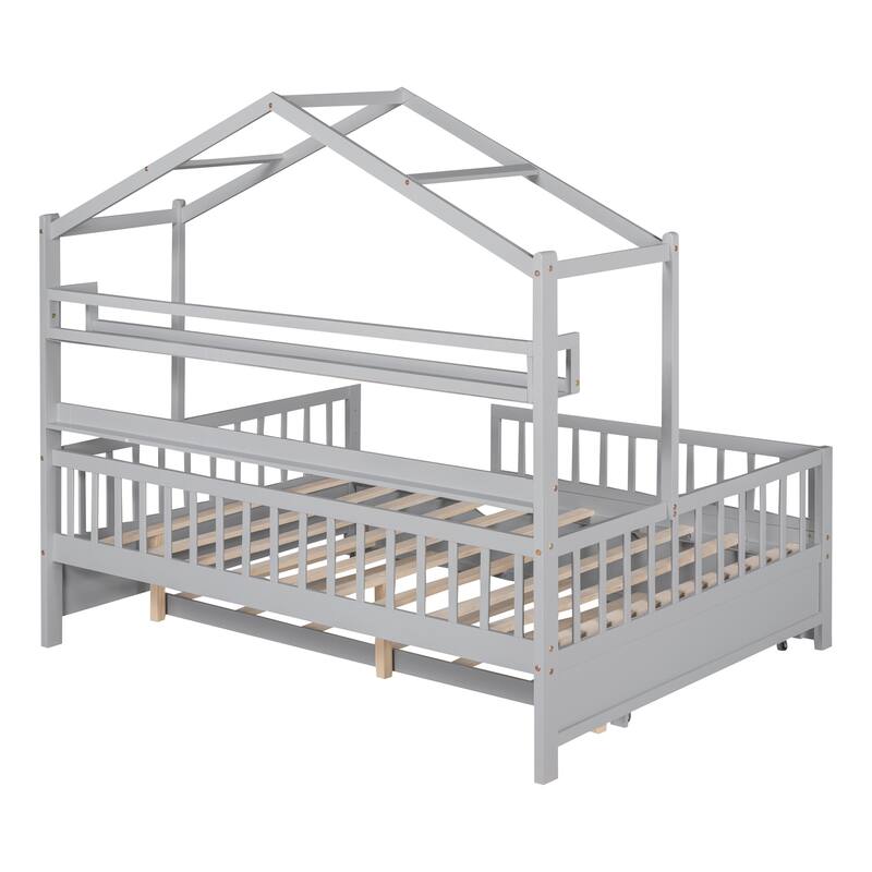 Pine House Bed with Trundle, Shelf & Guardrail