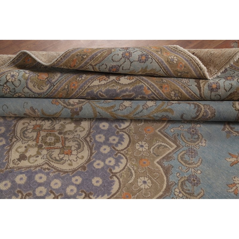 Geometric Tabriz Persian Area Rug Light Blue Handmade Wool Carpet - 9'7"x 12'4"