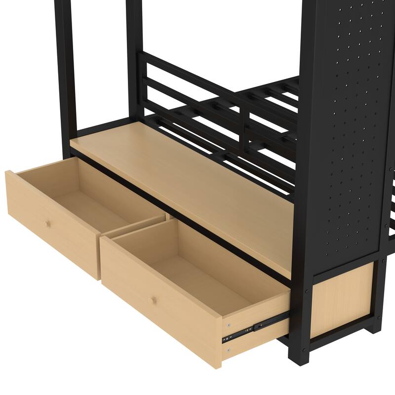 Storage Bunk Bed with Shelves, Wardrobe, 2 Drawers and Pegboard, Heavy Duty Metal Bunk Bed Frame, Noise Free, No Box Spring Need