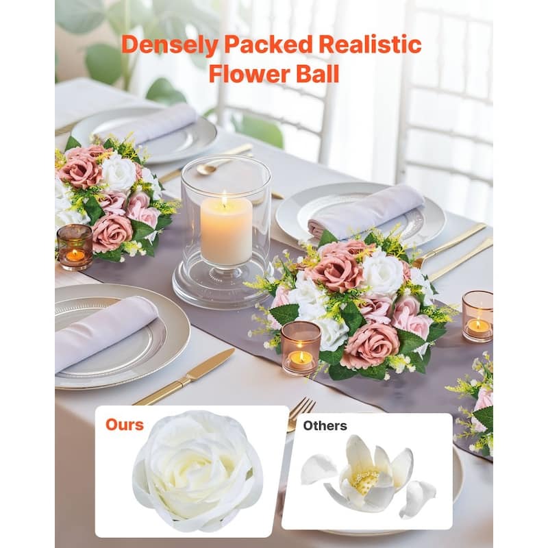 White-Pink Silk Flower Balls Set of 10 with Plastic Stem Bases - 9.4 x 9.4 x 4.7 inch