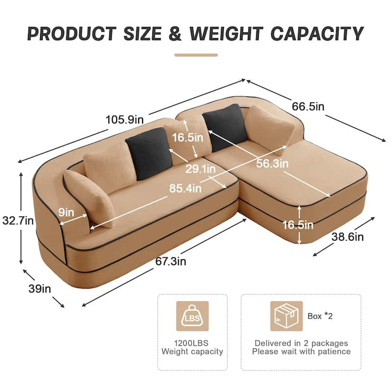 Teddy Fabric Contrast Sofa for Living Room, Upholstered Sectional Couch with L-Shaped Chaise, Boneless Couch with Throw Pillows