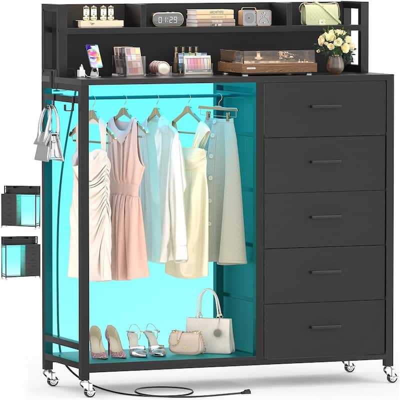 5 Drawers Dresser with Charging Station & LED Lights, Chest of Drawers with Hanging Rod ＆ Lockable Wheels ＆ Storage Shelves