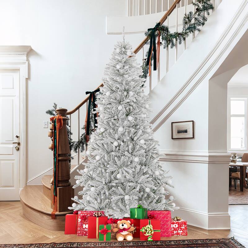 Snow Flocked Prelit Christmas Tree Green and White with LED and Frosted Sphere Lights Adjustable