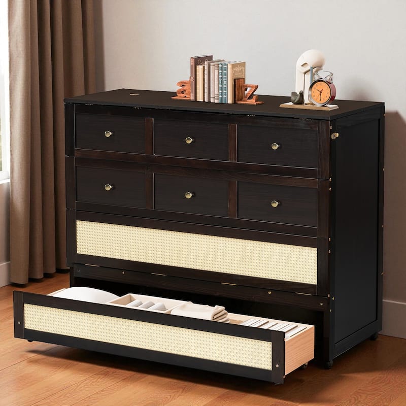 Full Size Murphy Bed with Large Storage Drawers, Space-Saving Foldable Wall Bed with Elegant Front Design