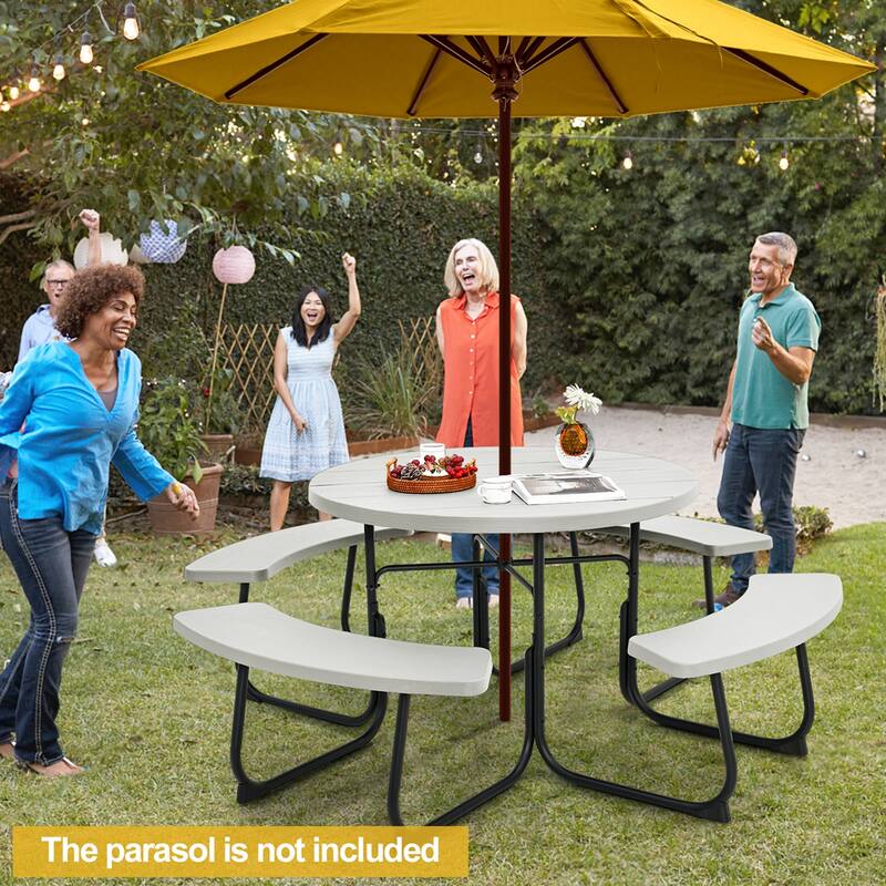 Costway Outdoor 8-person Round Picnic Table Bench Set with 4 Benches & - See Details