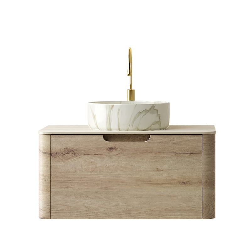 Floating Bathroom Vanity with Round Sink, Wall-Mounted Bathroom Storage Cabinet with Roma Travertine-Pattern Sintered Stone Top