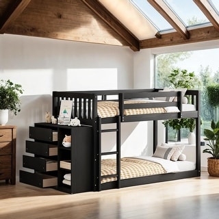 Twin over Twin Bunk Bed with Storage and Ladder, White