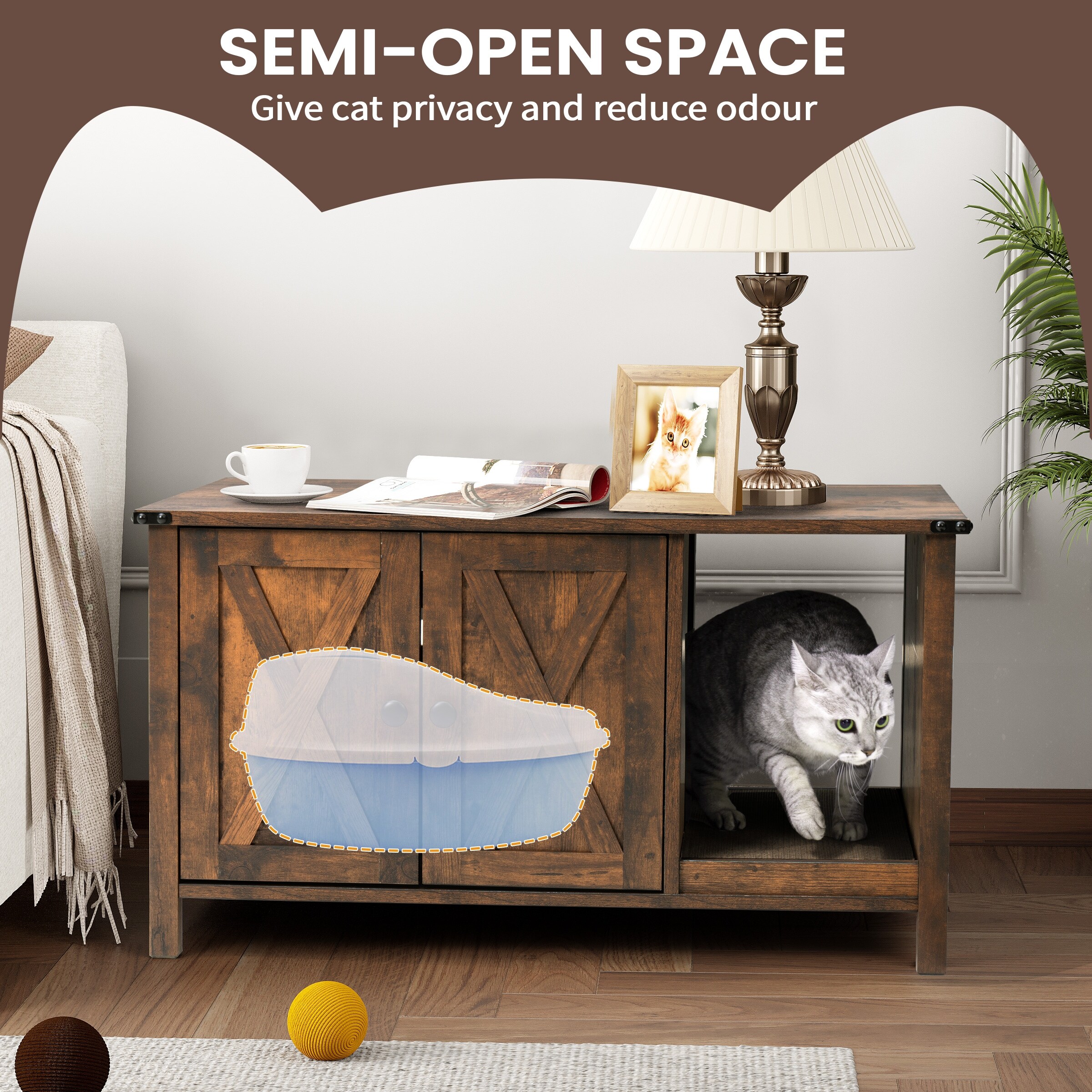 IRIS USA Square Top Entry Cat Litter Box Kitty Litter Pan with Litter Particle Catching Cover and Privacy Walls Beige White
