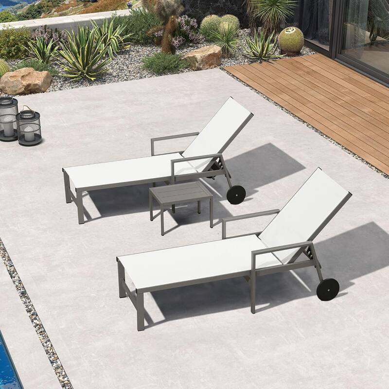 PURPLE LEAF Adjustable Patio Chaise Lounge Set 2 Pieces Lounge Chairs with Wheels and Side Table - White