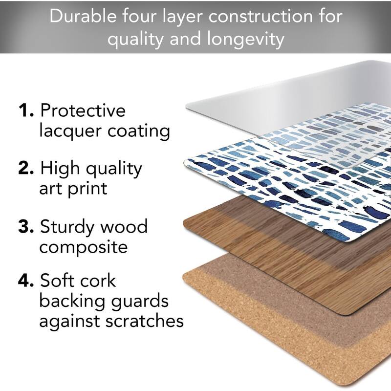 Indigo Wavy Lines Decorative Hardboard Placemats with Protective Cork Backing 4 Pack Heat Tolerant and Easily Wipes Clean