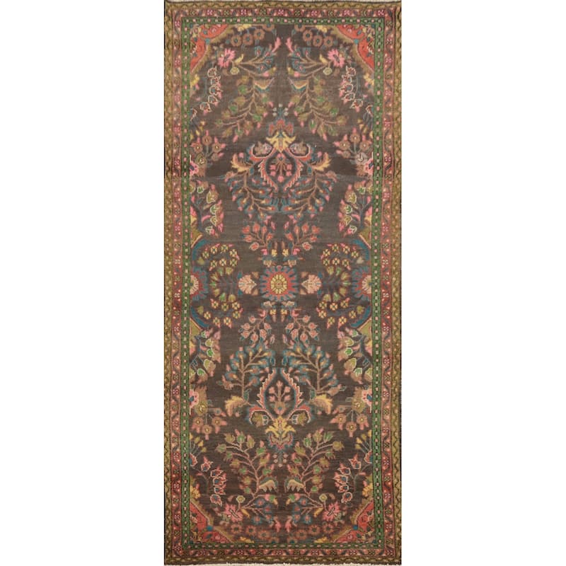 Hand Knotted Oriental 100% Wool Carpet Traditional Floral Greys & Charcoal Hamedan Runner Rug - 9' 11'' X 3' 7''