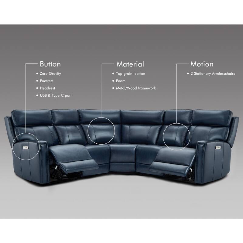 104" W 3-Color Genuine Leather Power Reclining sectional sofa With Zero Gravity, USB&USB-C Ports, 2 Stationary Armlesschairs