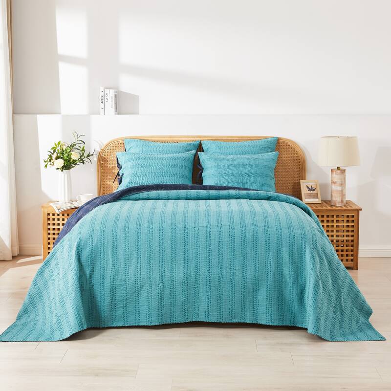 Melange Hand Stitched Kantha Reversible Navy/Turquoise Coverlets and Shams