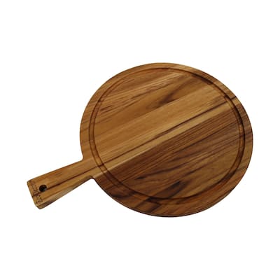 EcoDecors 16" Round Teak Cutting Board with Handle, 100% FSC Certified Solid Wood, Carving Board for Kitchen Use, Edge Grain