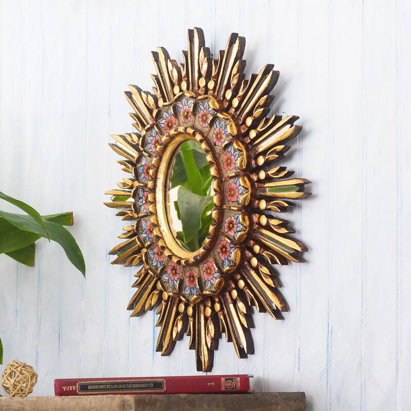 Novica Handmade Cusco Primrose Reverse-Painted Glass Wall Accent Mirror - Gold