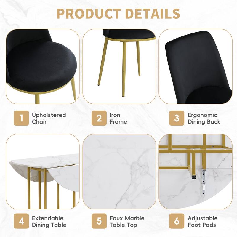 Roomfitters Space-Saving 5-Piece Extendable Dining Table Set with Round Faux Marble Top, 4 Upholstered Chairs