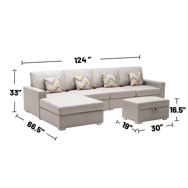 Linen Fabric 5 Piece Reversible Sofa Chaise with Interchangeable Legs, Storage Ottoman, and 4 Pillows in Beige