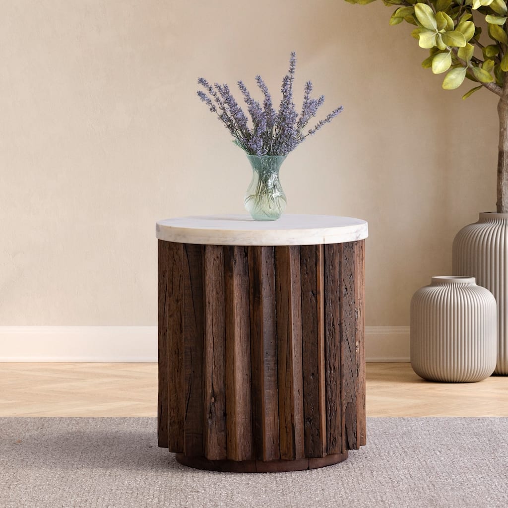 Wooden Side Table with Round Top - 17" - Brown and White