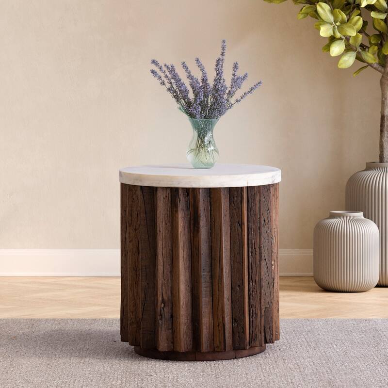 Wooden Side Table with Round Top - 17" - Brown and White