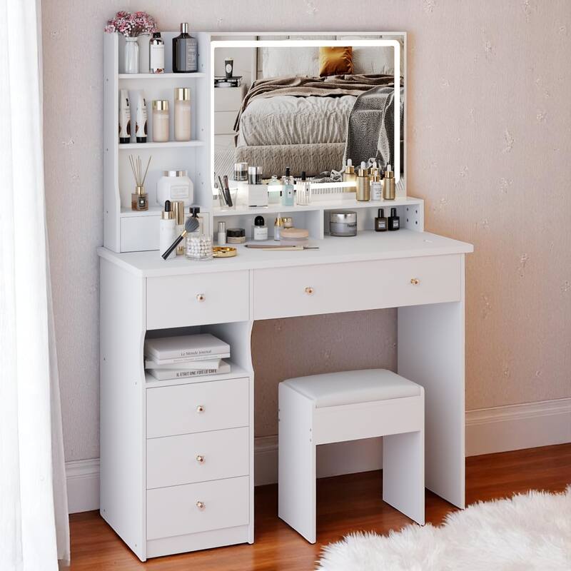 KISRAIS 41" Large Size Fashion Vanity Desk with Mirror and Lights, 3 Color Lighting Brightness Adjustable