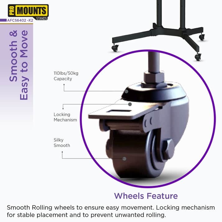 ProMount Premium Rolling TV Stand with Mount and Adjustable Shelf for 32"-72" TVs, Holds up to 110lbs