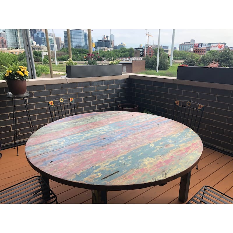 Chic Teak Round Dining Table made from Recycled Teak Wood Boats, 63 inch - Multi