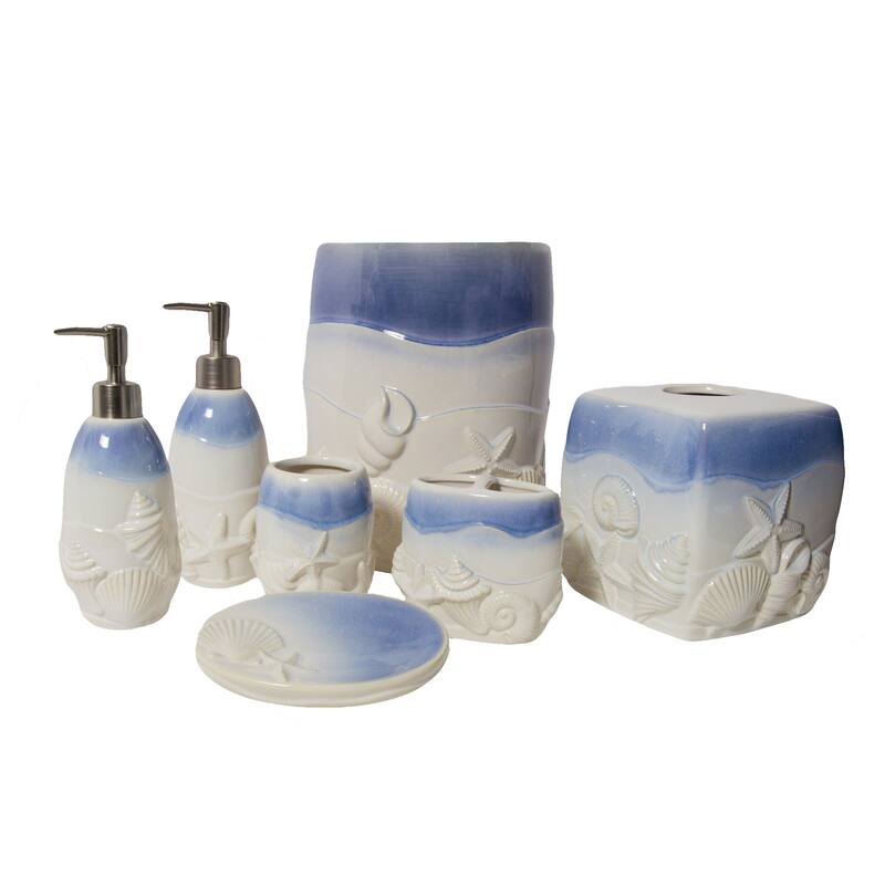 Sherry Kline 7-piece Ceramic Blue Shell Coastal Bath Accessory Set - NATURAL/BLUE