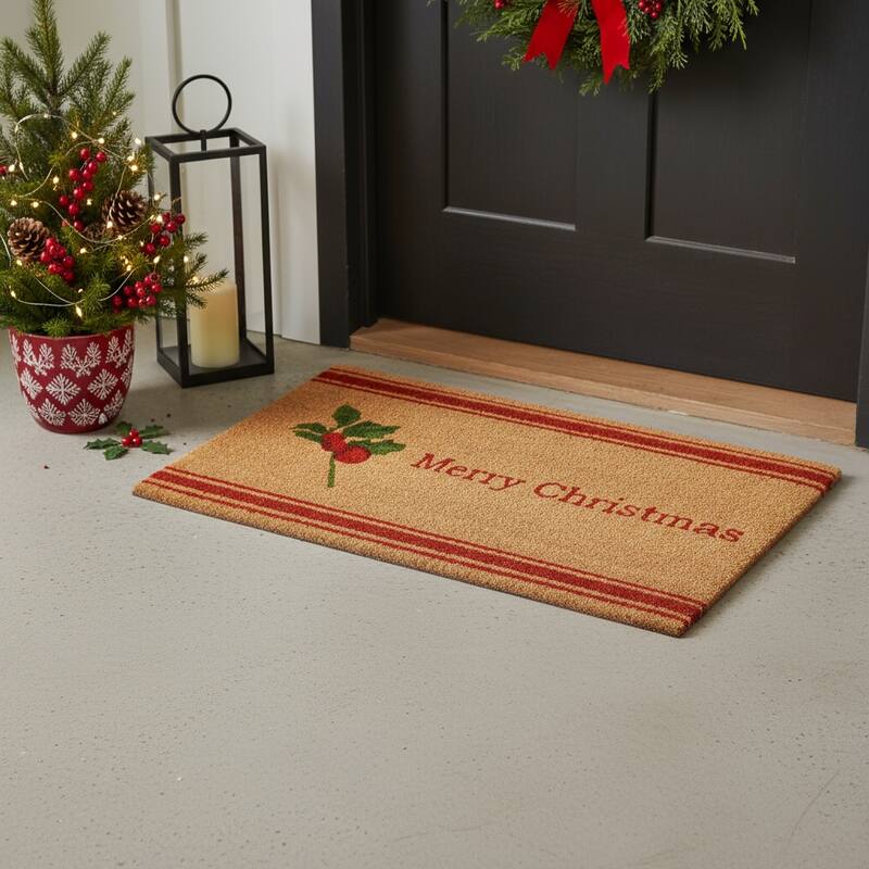 HomeRoots 17" X 29" Brown Red And Green Merry Christmas Outdoor Coir Door Mat - 17.00' X '29.00 - 17.00' X '29.00