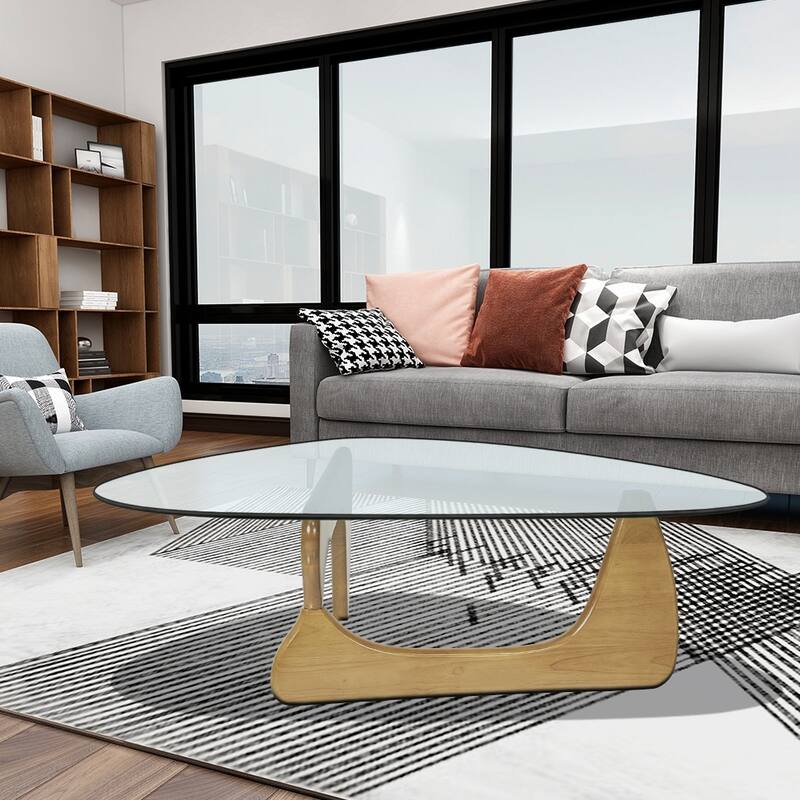 Triangle Glass Coffee Table with Solid Wood Base for Living Room