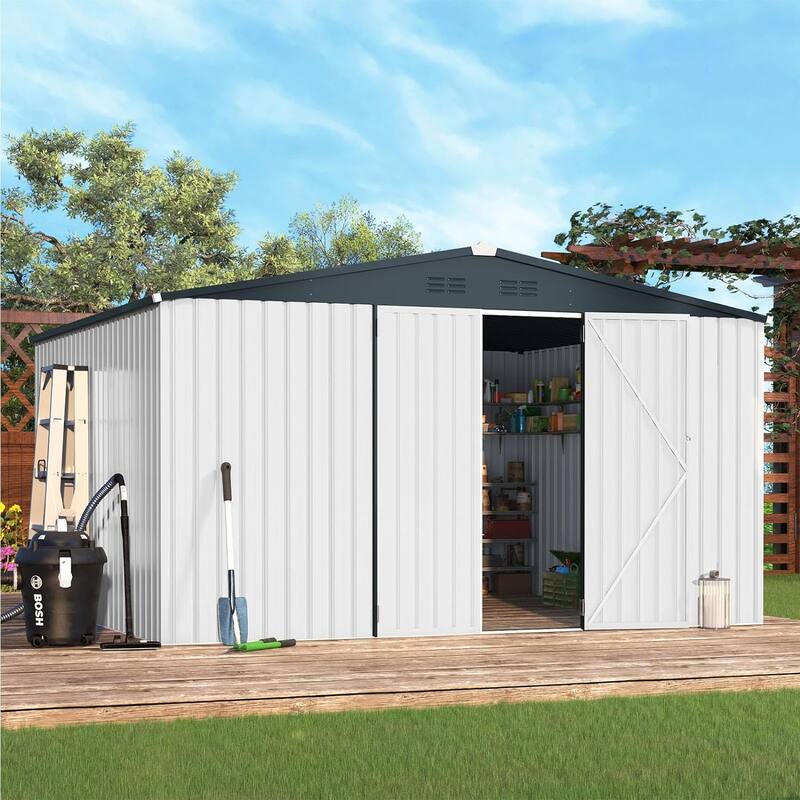 AECOJOY Outdoor Extra Large Storage Metal Shed with Lockable Doors - 12' x 10' - White