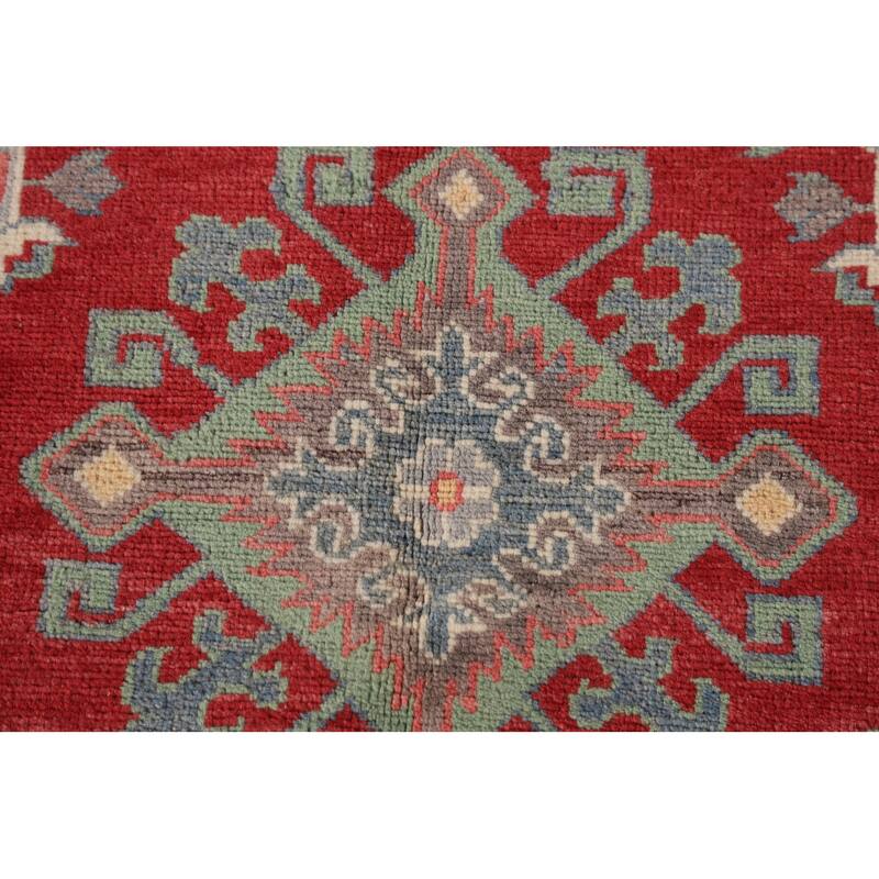 Red Kazak Accent Rug Handmade Geometric Wool Carpet - 3'4"x 4'8"