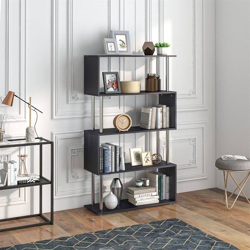 Modern S-Shaped 5 Tier Room Dividing Bookcase Wooden Stand Shelf
