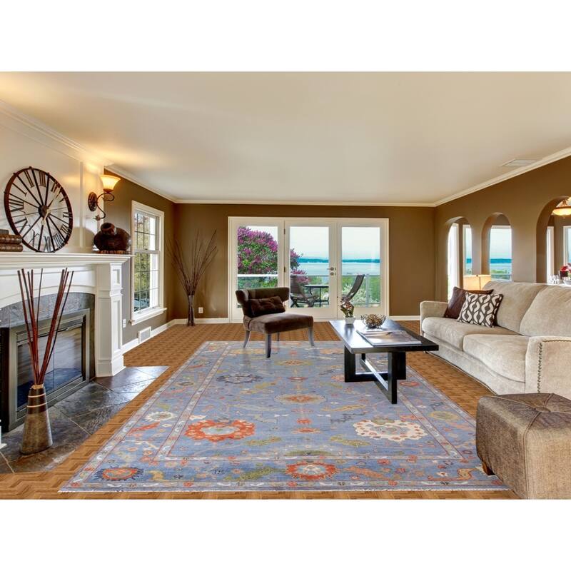 All-Over Blue Floral Oushak Oriental Area Rug Handmade Wool Carpet - 7'11"x 15'9"