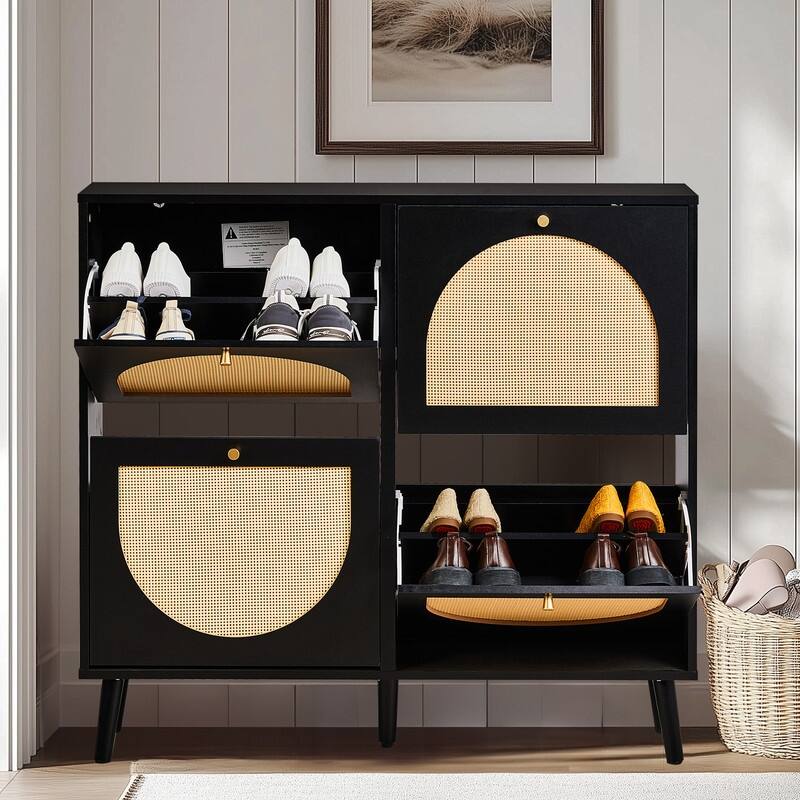 Rattan Shoe Cabinet with 2 / 4 Flip Drawers, Narrow Shoe Storage Cabinet,Organizer for Entryway, Bedroom, Living Room