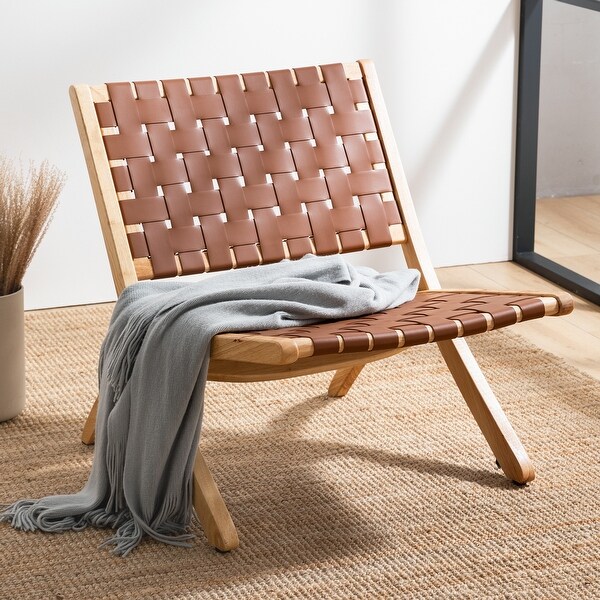 LUE BONA Mid-century Wood Woven Accent Chair Cognac Leather LUE BONA Mid-century Wood Woven Accent Chair Cognac Leather