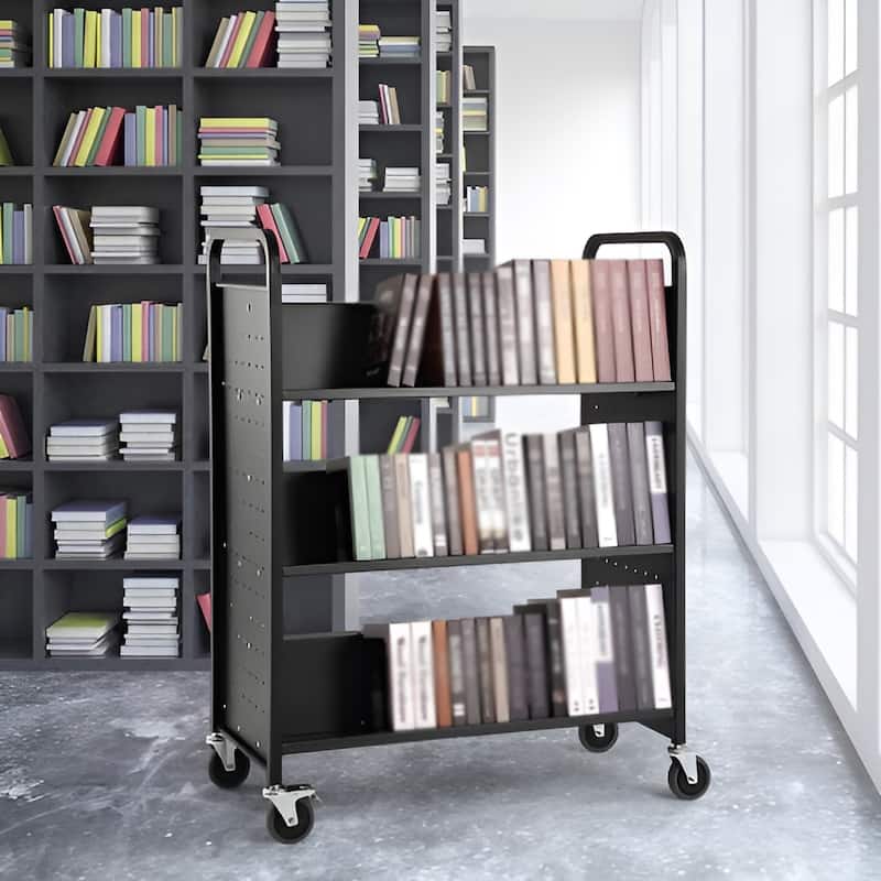 Rolling Book Cart with Lockable Wheels, Double Sided Shelves for Office & School - 39.4 x 20.1 x 49.2 in - Black