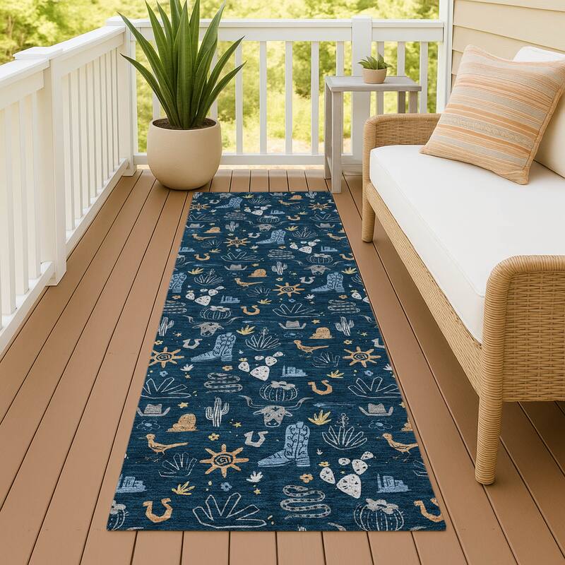 Machine Washable Indoor/ Outdoor Cowboy Ranch Chantille Rug - Navy - 2'3" x 7'6"