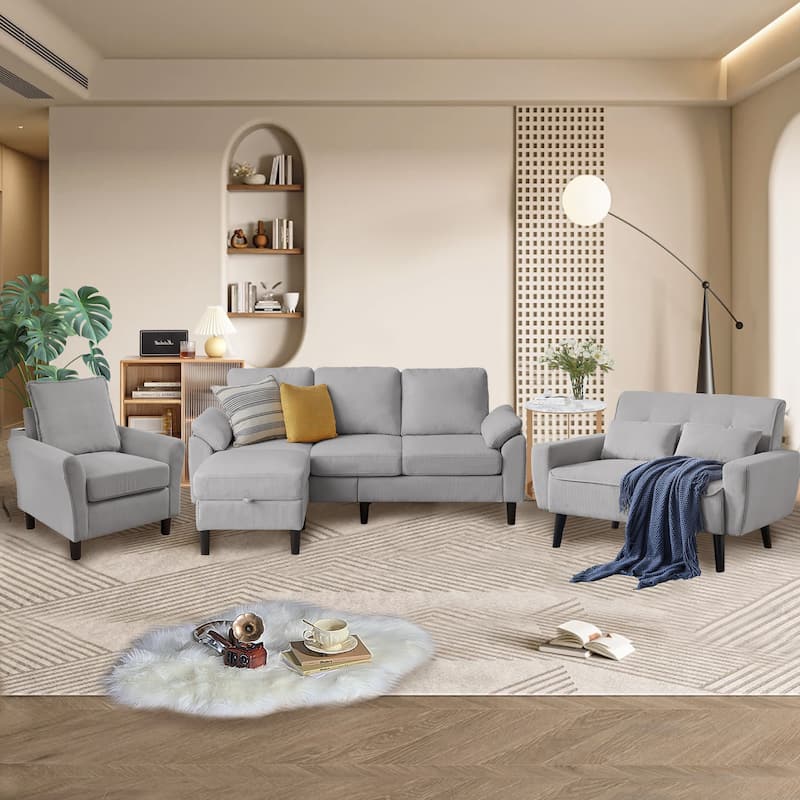4-Piece Corduroy Living Room Sectional Sofa Set with Loveseat and Chair