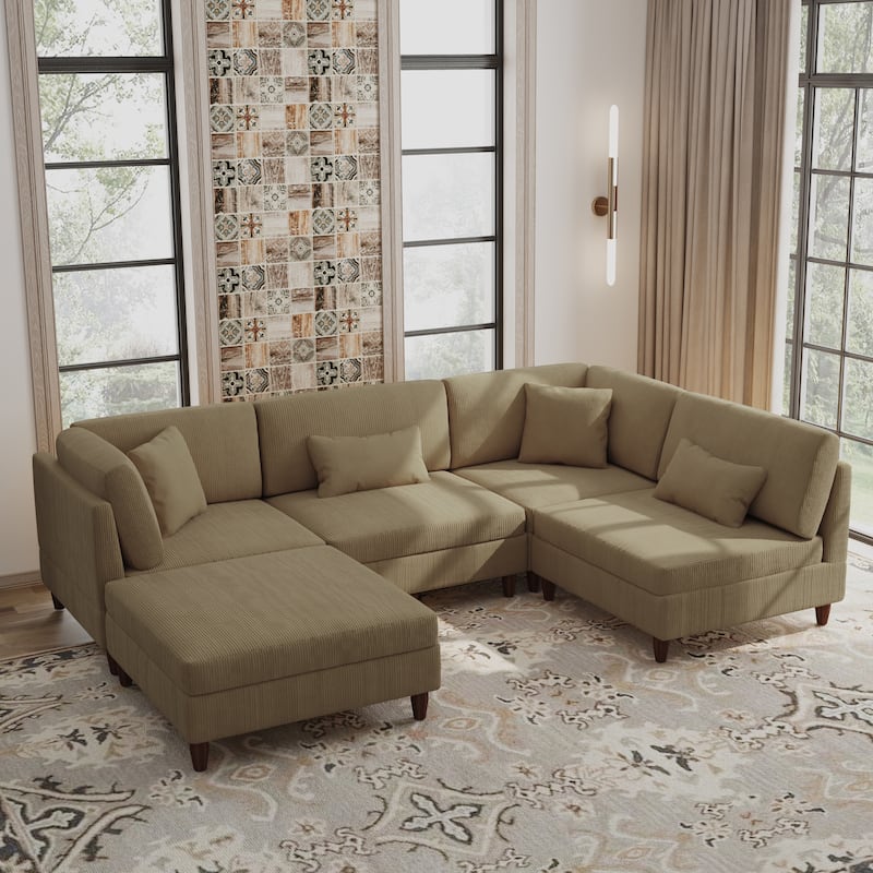 Corduroy Modular Sectional 5 Piece Sofa with Ottoman