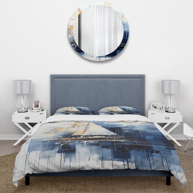 Designart "Blue and white Nautical Geometry boat" Coastal Minimalism Bedding Cover Set - Traditional Bed Set with Shams