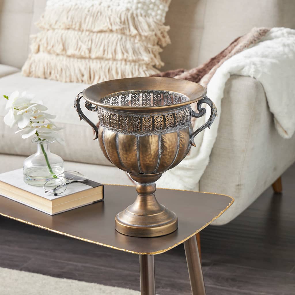 Bronze Metal Urn Shaped Decorative Vase with Hammered Details and Cut Outs