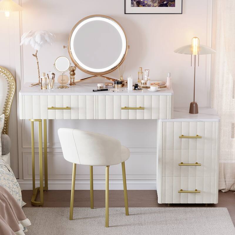 Velvet Upholstered Vanity Desk with Chair, Vanity Set with 5 Big Drawers, Makeup Table with Padded Chair - Beige